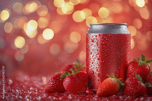 Refreshing Soda Can Surrounded by Fresh Strawberries on a Crimson Background ...