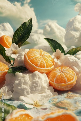Make a surreal, fantasy-based graphic for Tropicana Cookies which is described as Clementineâ€™s ripe, sweetly citric vibe