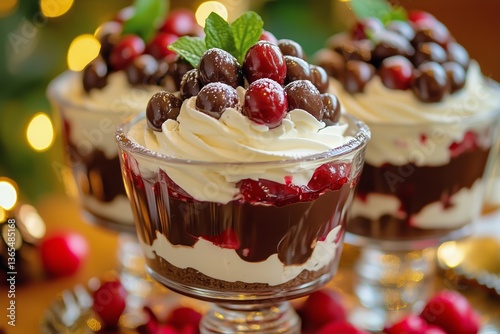 Delectable Chocolate Dessert Layered With Cream, Cherries, and Shavings in a ...