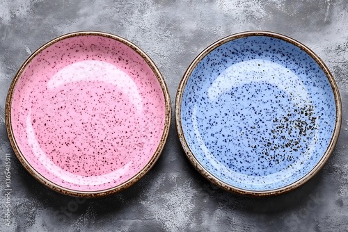 Two speckled plates of different colors are displayed together