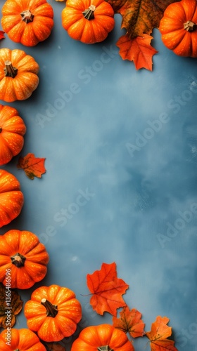 Fall Celebration With Vibrant Pumpkins and Colorful Leaves on Blue Background