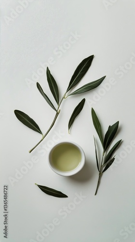 Herbal Oil Surrounded by Green Leaves on a Neutral Background Showcasing Natu...