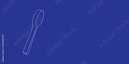 The outline of a large spoon made of white lines on the left. 3D view of the object in perspective. Vector illustration on indigo background