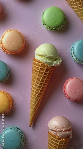 Colorful Desserts Featuring Ice Cream Cone and Macarons Arranged on a Pink Ba...