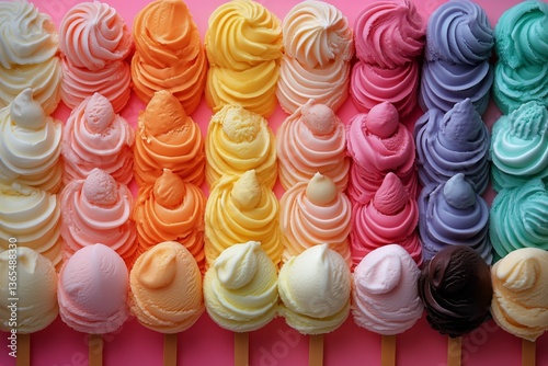 Colorful Display of Ice Cream Cones in Various Flavors on a Pink Background