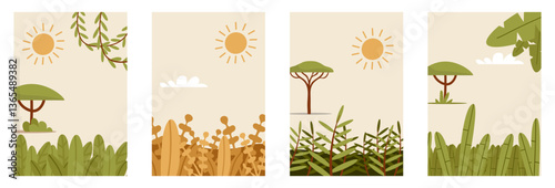A vibrant set of illustrations featuring the wild beauty of the savanna and jungle—lush greenery, exotic plants, and untamed nature. Perfect for postcards, invitations, and creative designs.