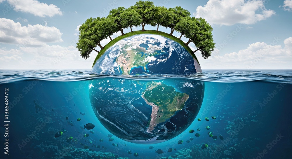 Fototapeta premium A Globe Submerged Halfway in Water With Fish and Corals Below, and Trees Above
