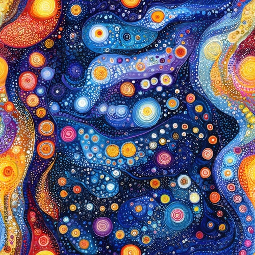 Vibrant Abstract Representation of a Starry Night Sky with Swirling Colors and Celestial Bodies