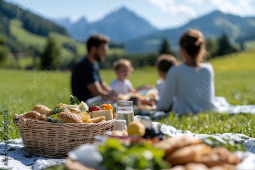 A joyful family enjoying a picnic surrounded by stunning mountains, showcasing delicious food and a beautiful natural landscape in a bright sunny day ambiance.