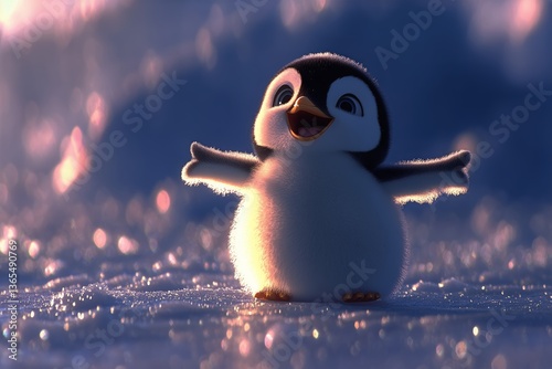 Cute Young Penguin Standing on Ice With a Shimmering Background at Sunset