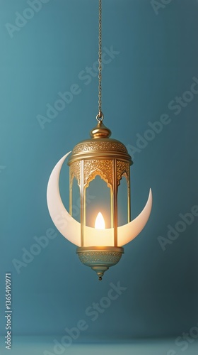 Elegant Hanging Lantern With Crescent Moon Design and Warm Light Against Teal...