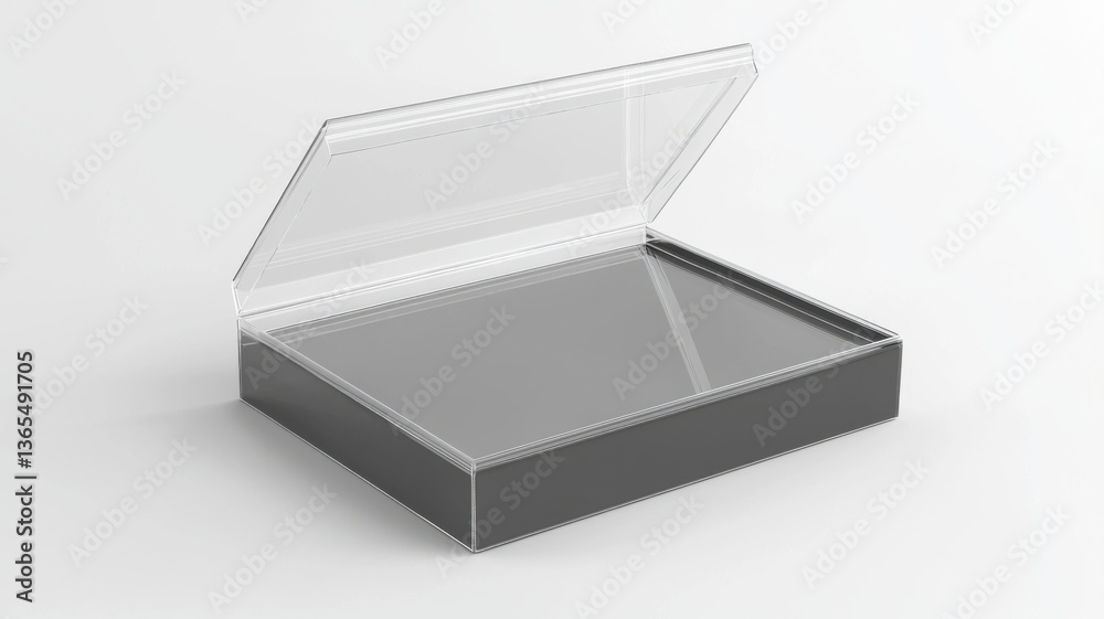 A sleek, open box with a transparent lid, designed for storage, showcasing a minimalist aesthetic and functionality. A sleek, open box with a transparent lid, designed for storage, showcasing a minimalist aesthetic and functionality.