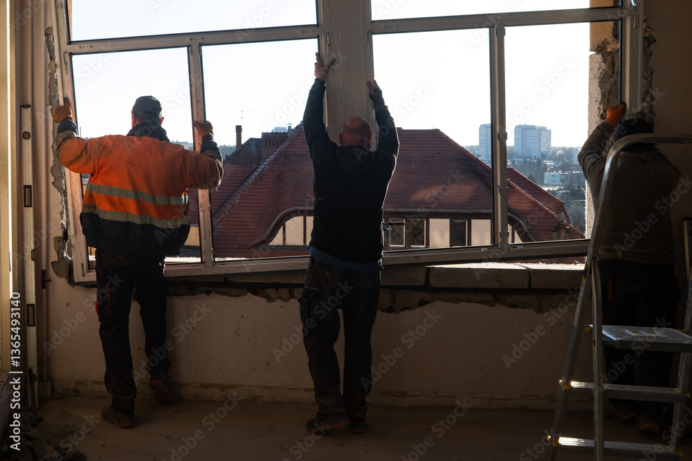 Three workers install a window in a building