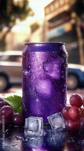 Refreshing Purple Drink Surrounded by Ice Cubes and Grapes in Outdoor Setting...