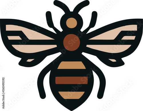 Stylized Geometric Bee Icon, This is a modern, stylized depiction of a bee with a geometric design. The bee features bold black outlines that define its body, wings, and antennae, with a color scheme 