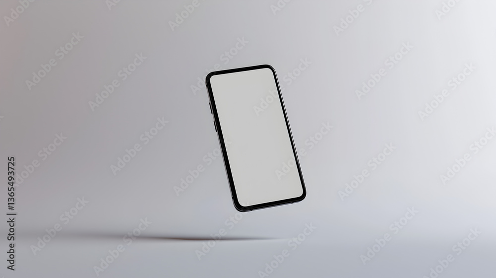 Floating smartphone displays blank screen against minimalist backdrop reveals shadow Floating smartphone displays blank screen against minimalist backdrop reveals shadow
