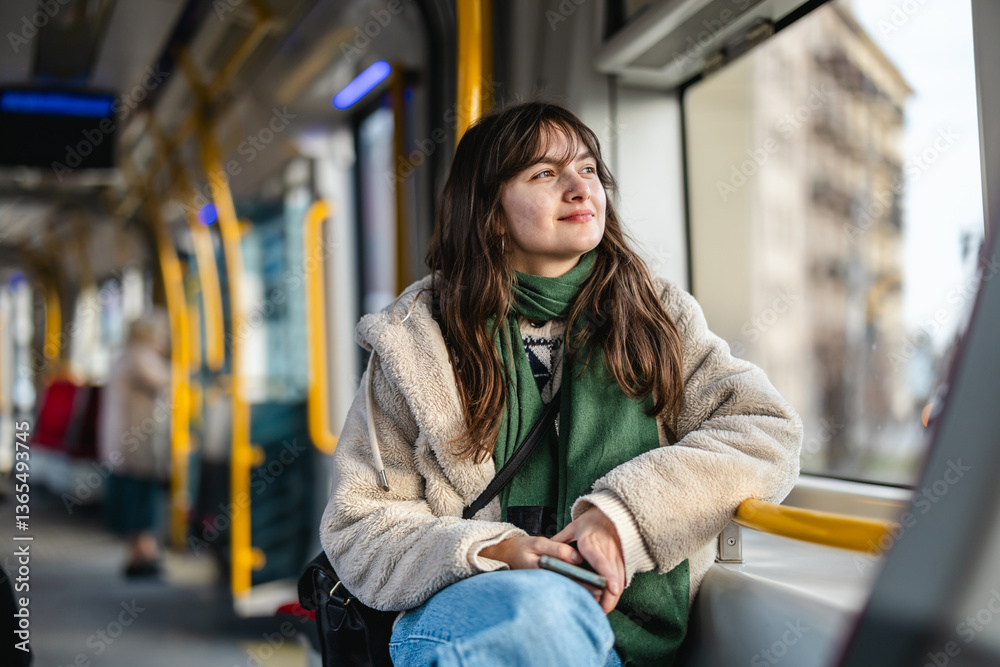 Fototapeta premium Young woman looking out of the tram window