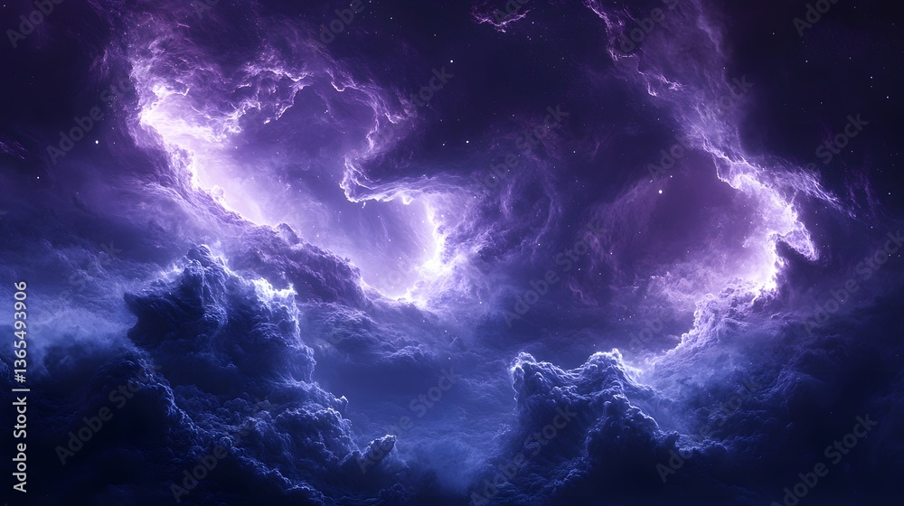 Fototapeta premium A serene purple sky with fluffy clouds creating a dreamlike cosmic scene of timeless beauty and celestial wonder