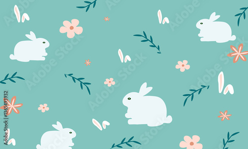 Happy Easter seamless pattern. Cute bunnies, flowers and leaves on mint background. Vector illustration flat design.