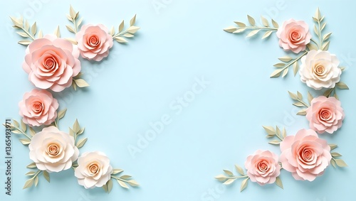 Delicate paper craft roses, Circular frame, Soft blue background,