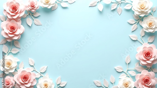 Delicate paper craft roses, Circular frame, Soft blue background,