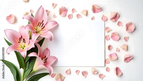 Pink lilies, blank white card, soft white background