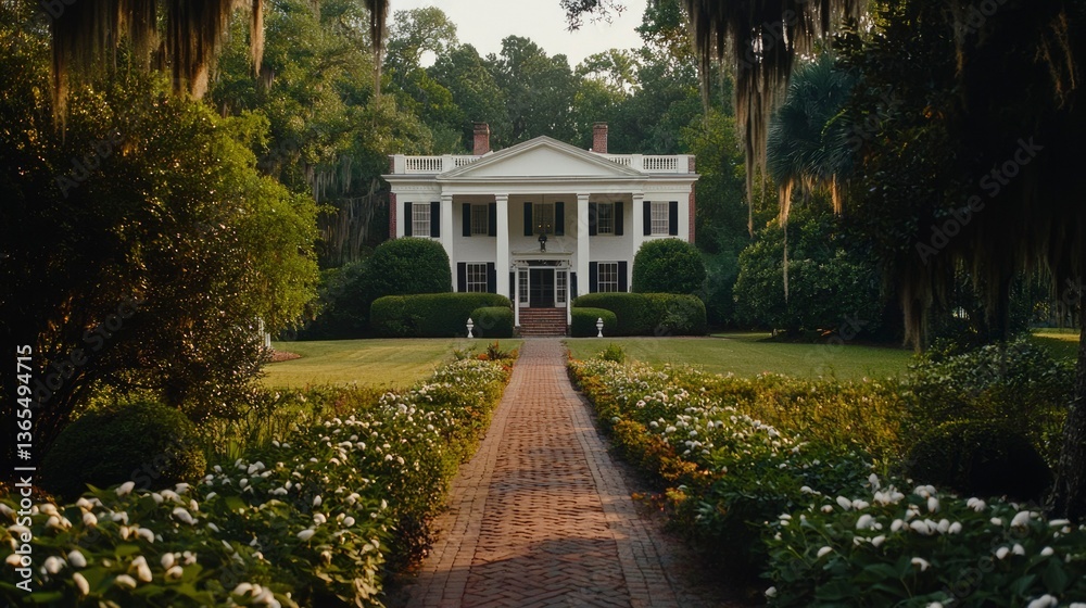Obraz premium Southern mansion framed by trees, brick path through vibrant flowers, tranquil and serene