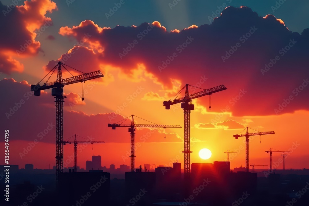Fototapeta premium Dark silhouettes of construction cranes against vibrant sunset sky, industry, project