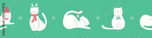 Christmas festive pet cats in hats and scarfs, red and green cute animal seasonal pattern border, vector illustration.