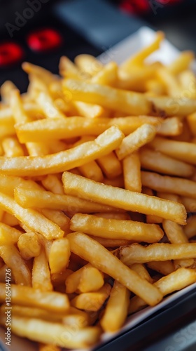 Crispy Golden Fries Piled High on a Plate in a Casual Dining Setting