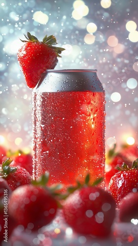Refreshing Strawberry Drink Surrounded by Fresh Strawberries in a Sparkling O...