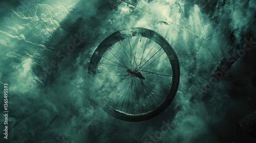 A broken bicycle wheel suspended amidst ethereal smoke and mist.
