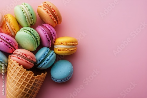 Colorful Macarons Arranged in a Cone on a Pink Background During a Dessert Di...