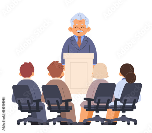 Boss behind podium communicates with his team. Business meeting flat vector illustration