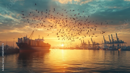 A cargo ship at a port during a beautiful sunset, with birds in the sky.