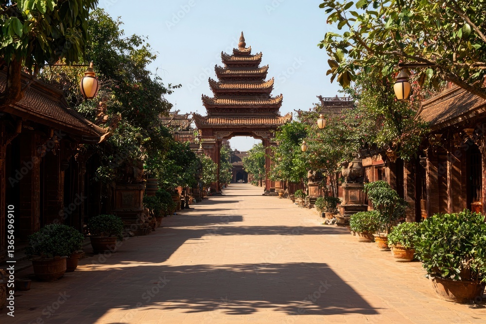 Fototapeta premium Ornate architecture lines a cobblestone street, leading to an elaborate pagoda archway