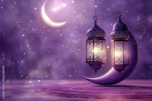 Decorative Lanterns and Crescent Moon Create a Magical Night Atmosphere for F...