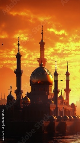 Majestic Skyline at Sunset Showcasing Domes and Minarets in a Historical City