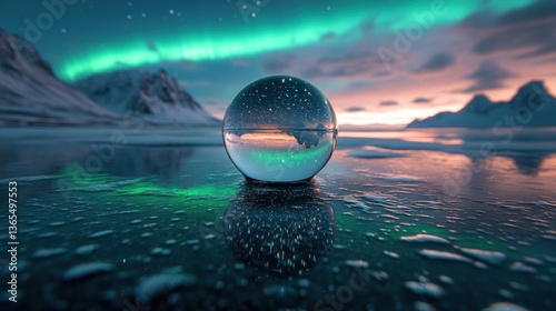 A crystal ball captures the aurora borealis reflecting on a frozen lake at dusk.  Mountains loom in the background.