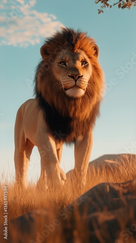 Majestic Lion Stands Proudly in Golden Grassland Under a Clear Blue Sky at Su...