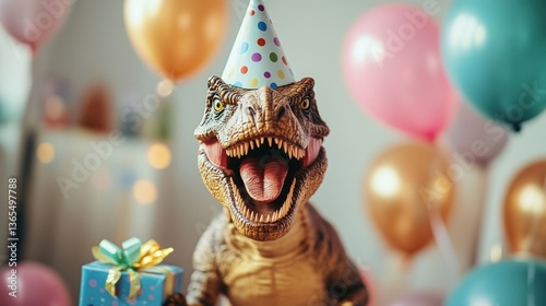 A dinosaur figurine wearing a party hat and holding a gift, surrounded by balloons and lights at a birthday celebration.