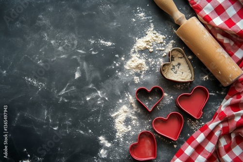 Heart-shaped Cookies and Baking Tools Arranged on a Black Countertop With Flo...