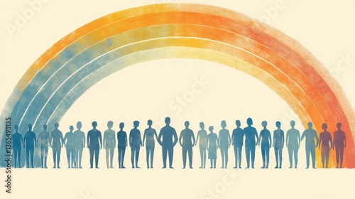 A diverse group of people standing under a vibrant watercolor rainbow.