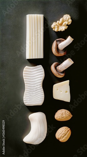 Unique Pairing of Assorted Nuts and Cheese Arranged Artistically on a Dark Su...