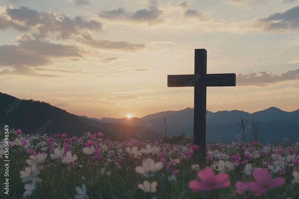 Wooden Cross at Sunrise over a Field of Flowers Wooden Cross at Sunrise over a Field of Flowers