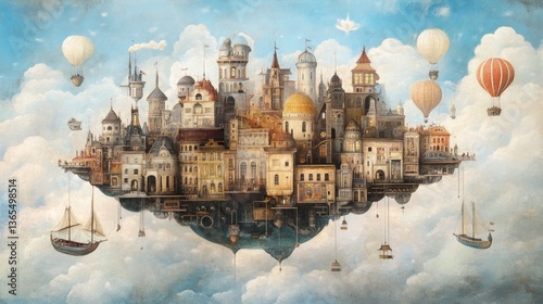 A fantastical floating city suspended in the clouds, with colorful buildings, hot air balloons, and ships.