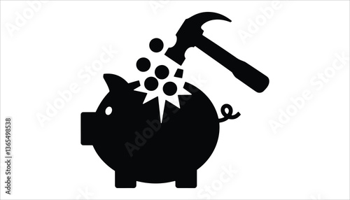 Piggy Bank with Hammer. Breaking, Saving, Financial Crisis, Money Icon Vector.