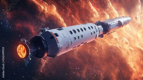 A futuristic rocket ship, soaring through a fiery nebula in outer space, with a glowing engine exhaust.