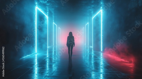 Walking Through a Glowing Neon Lit Tunnel with Futuristic Vibe