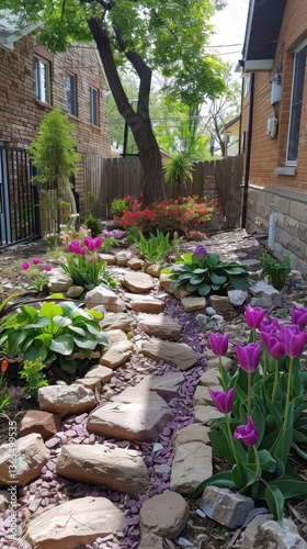 A garden pathway lined with colorful flowers, stones, and rocks.  Spring blooms.  Well-maintained landscaping.  Sunny backyard.  Small stones for a path.  Beautiful landscaping design.